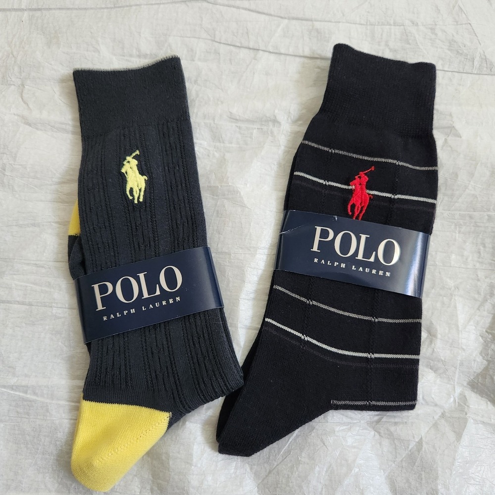 Polo Ralph Lauren Mens Crew Socks 2 Pair Set Ribbed Striped Blue Yellow Red NWT